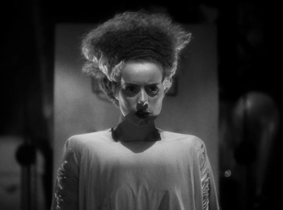 The Bride of Frankenstein (1935) movie still: medium — A dimly lit indoor space featuring the Bride of Frankenstein in a white gown. She stands…
