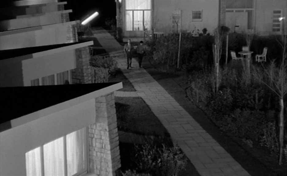 Elevator To The Gallows (Ascenseur pour l’échafaud) (1958) movie still: wide — A modern suburban residential exterior at night with stone pathways…
