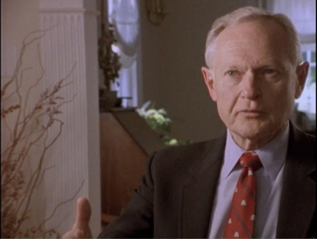 America Undercover: Life Afterlife (2000) movie still: medium — An interior living space features white molding and a decorative vase of dried…