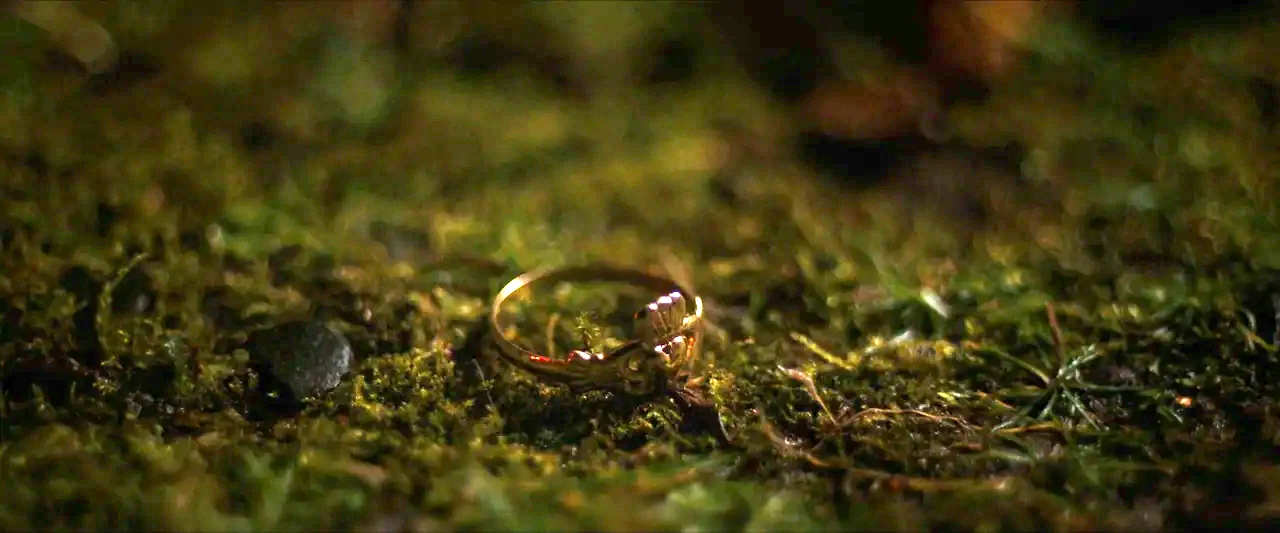 Fréwaka (2024) movie still: closeup — A gold claddagh ring sits embedded in dark green moss and damp soil. The ring is the only illuminated object…