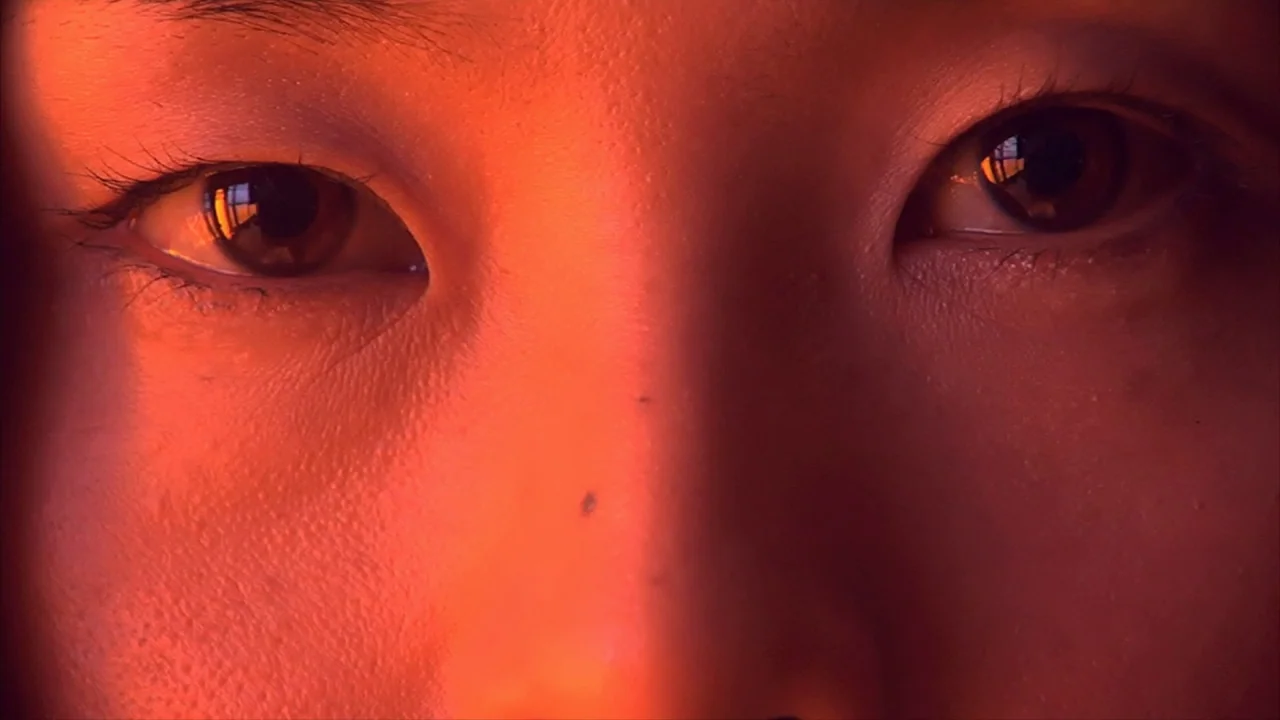 Tokyo Gore Police (2008) movie still: closeup — A close-up view shows the eyes and nose of an East Asian woman. The subject is bathed in a strong…