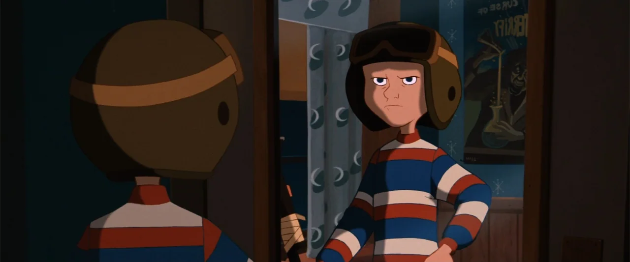 The Iron Giant (1999) movie still: medium — A dimly lit room features a boy looking into a reflective surface. The subject wears a striped shirt and…