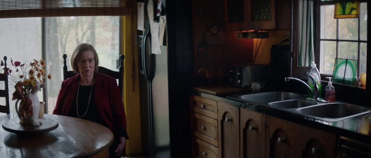 American Animals (2018) movie still: medium — A residential kitchen features dark wooden cabinetry and a small round table by a window. An elderly…
