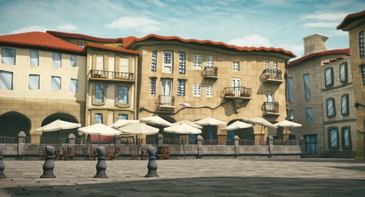 Valentina (1982) movie still: establishing — A quiet plaza features yellow stone buildings with red wavy roofs and arched entryways. Rows of white…
