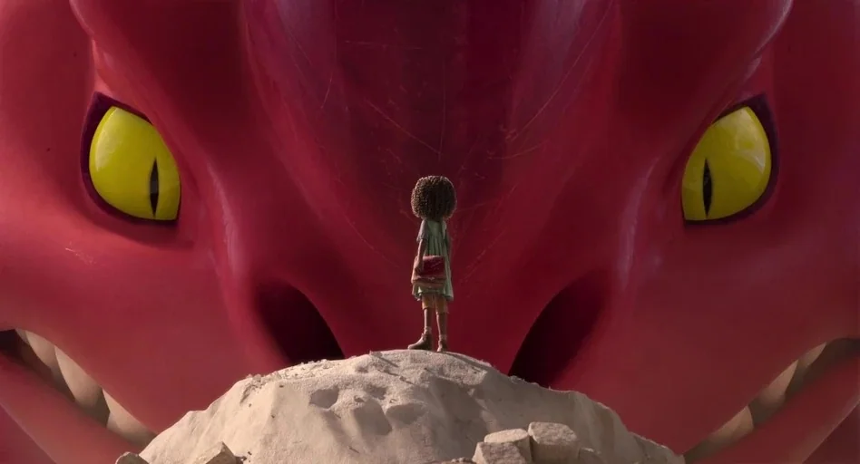 The Sea Beast (2022) movie still: wide — A colossal red dragon fills the background while a small child stands on a mound. The child faces the…