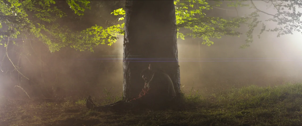In The Earth (2021) movie still: wide — A dense, fog-filled woodland area features a large, dark tree trunk centered in frame. Two figures sit…
