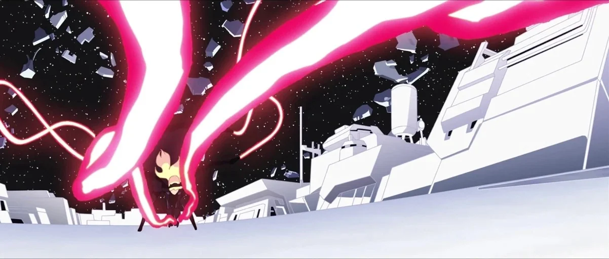 Star Wars: Visions (2021) movie still: wide — A stark white, futuristic lunar base is surrounded by debris floating in deep space. A single female…