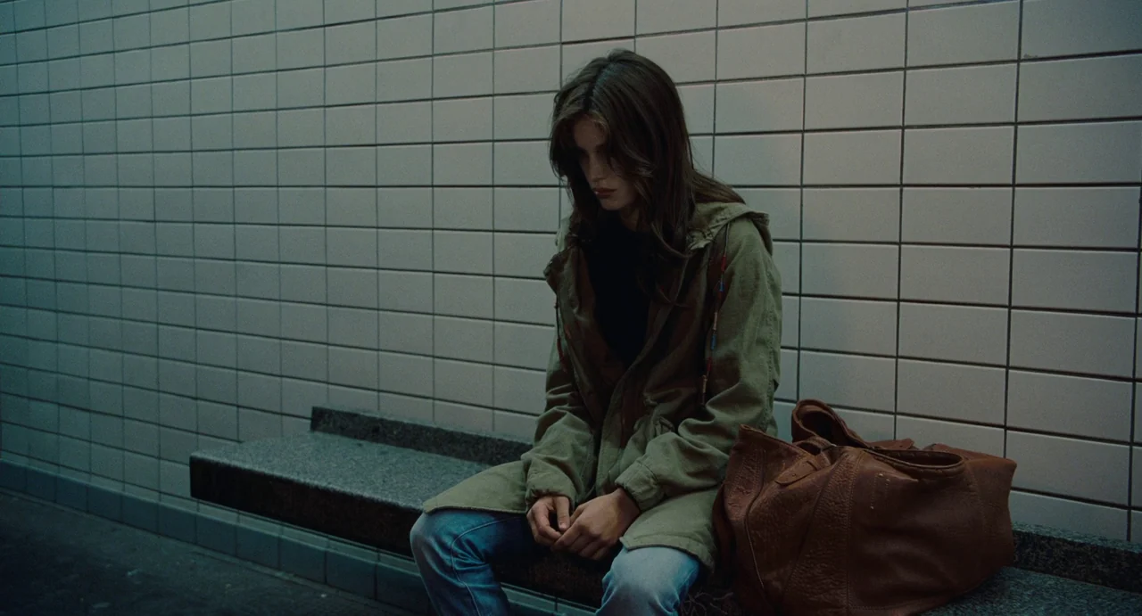 Young & Beautiful (2013) movie still: medium — A tiled wall runs along a stone bench in a dimly lit transport space. A young woman sits on the edge…