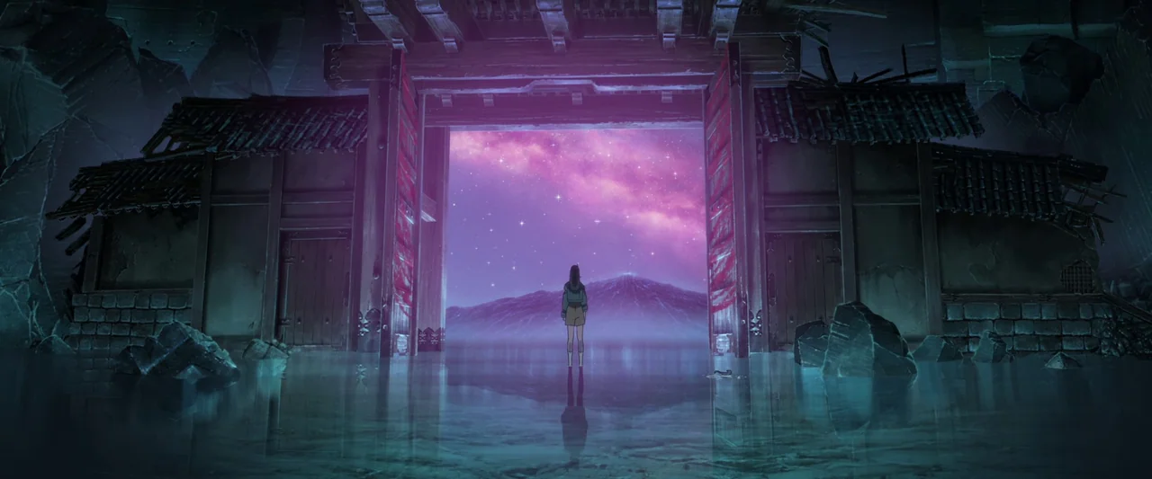 Suzume (2022) movie still: wide — A stone structure with heavy wooden doors opens onto a vast landscape at night. A young person stands at the…