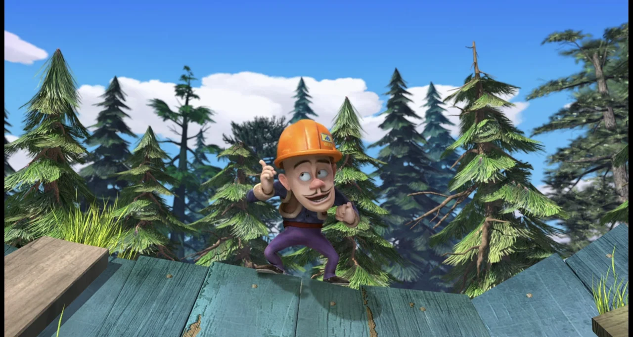 Boonie Bears: To the Rescue (2014) movie still: medium — A cartoon man stands on a blue wooden rooftop against a backdrop of pine trees. The…