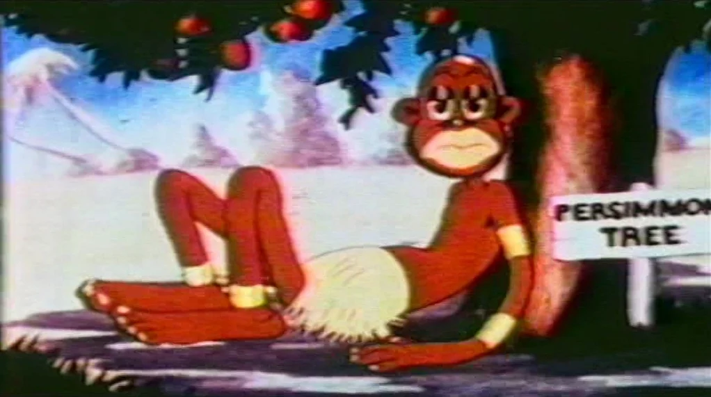 Bamboozled (2000) movie still: fullbody — A 2D cartoon animation frame features a character leaning against a labelled tree. The scene shows the…