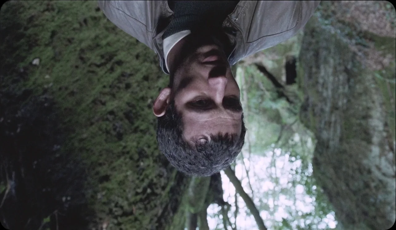 La Chimera (2023) movie still: closeup — An upside-down perspective reveals a man standing against a dense, mossy tree trunk. The background…