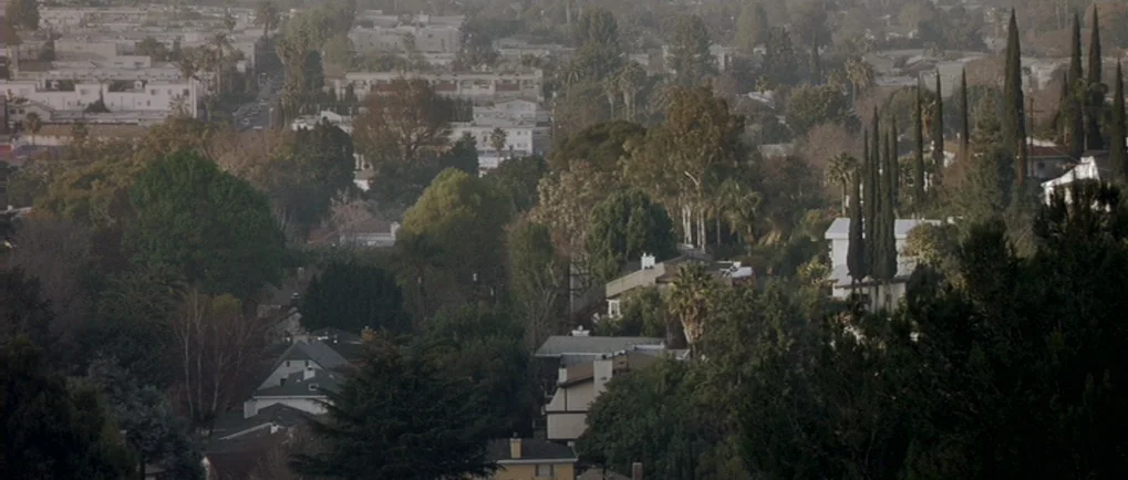 A Mighty Heart (2007) movie still: establishing — A dense suburban residential area spreads out below, filled with mature trees and houses. The…