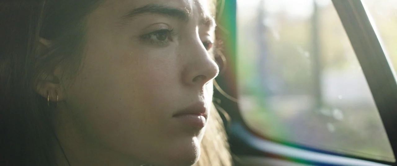 Raw (2016) movie still: closeup — The interior of a moving car with a side window looking onto blurred trees. A young woman sits in the passenger…