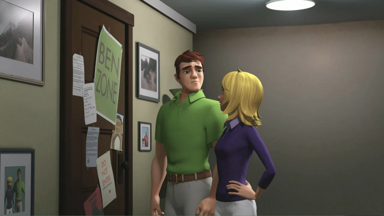 Ben 10: Destroy All Aliens (2012) movie still: medium — A residential hallway features a closed wooden door covered with various papers and posters.…