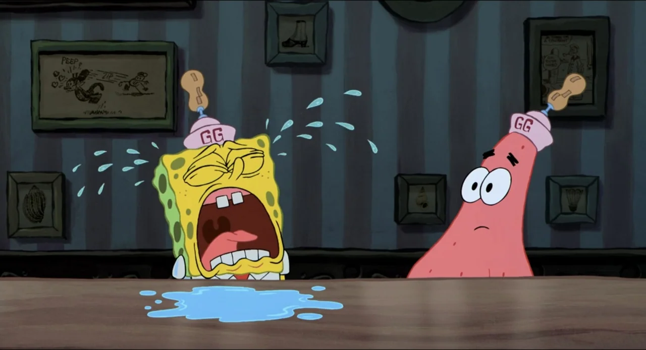 The SpongeBob SquarePants Movie (2004) movie still: medium — A dimly lit restaurant booth with dark striped wallpaper and framed pictures on walls.…