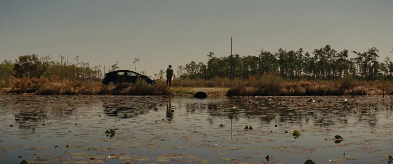 Midnight Special (2016) movie still: wide — A rural wetland landscape featuring a pond covered in lily pads at the foreground. A lone person stands…