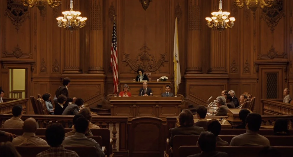 Milk (2008) movie still: wide — A wood-paneled room features high ceilings with ornate chandeliers and flags behind a bench. A lawyer addresses the…