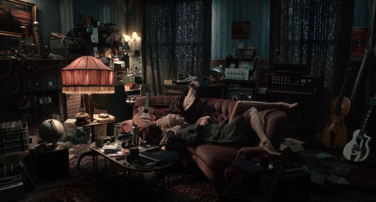 Only Lovers Left Alive (2013) movie still: wide — A cluttered room is filled with vintage electronics, stacks of records, and musical instruments. A…