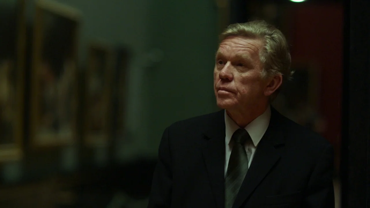 Museum Hours (2012) movie still: medium — A dark, quiet room features several framed paintings mounted on a dimly lit wall. A man in a formal dark…
