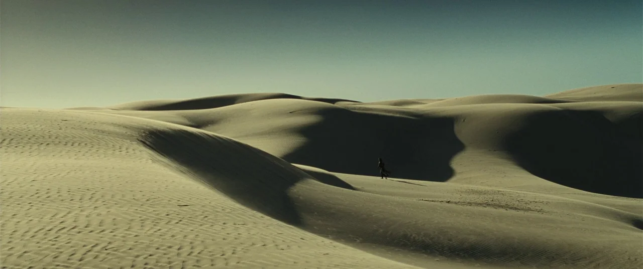 Resident Evil: Extinction (2007) movie still: wide — Vast sand dunes ripple across the landscape under a clear, bright horizon. A solitary woman in…