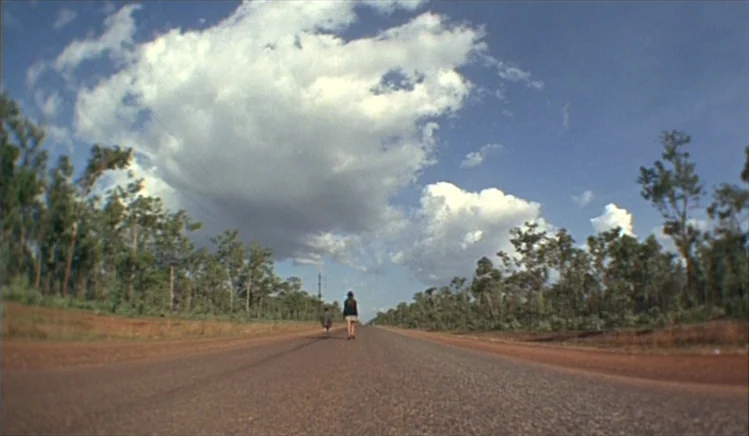 Walkabout (1971) movie still: wide — A rural asphalt road cuts through a landscape filled with low-lying brush and trees. Two small figures walk…