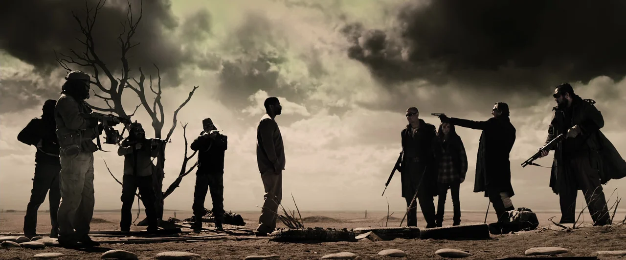 The Book of Eli (2010) movie still: wide — A group of armed figures surrounds a man in a barren, dusty desert landscape. Dark storm clouds fill the…