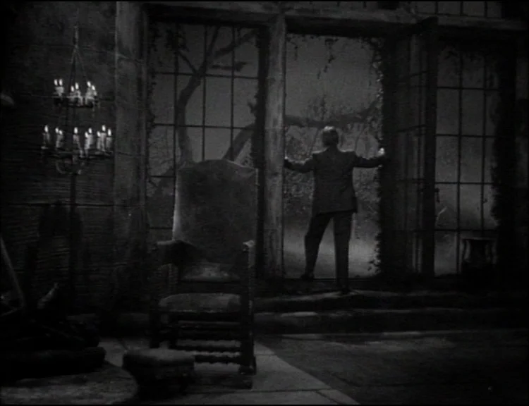 Dracula (1931) movie still: fullbody — A dark, stone-walled solarium with floor-to-ceiling glass doors opening onto a night landscape. A man stands…