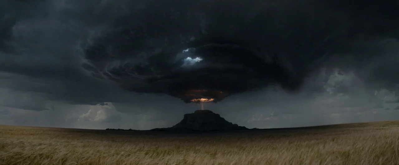 Ghostbusters: Afterlife (2021) movie still: establishing — A vast field of dry wheat spans the foreground beneath a dark, swirling storm cloud. A…
