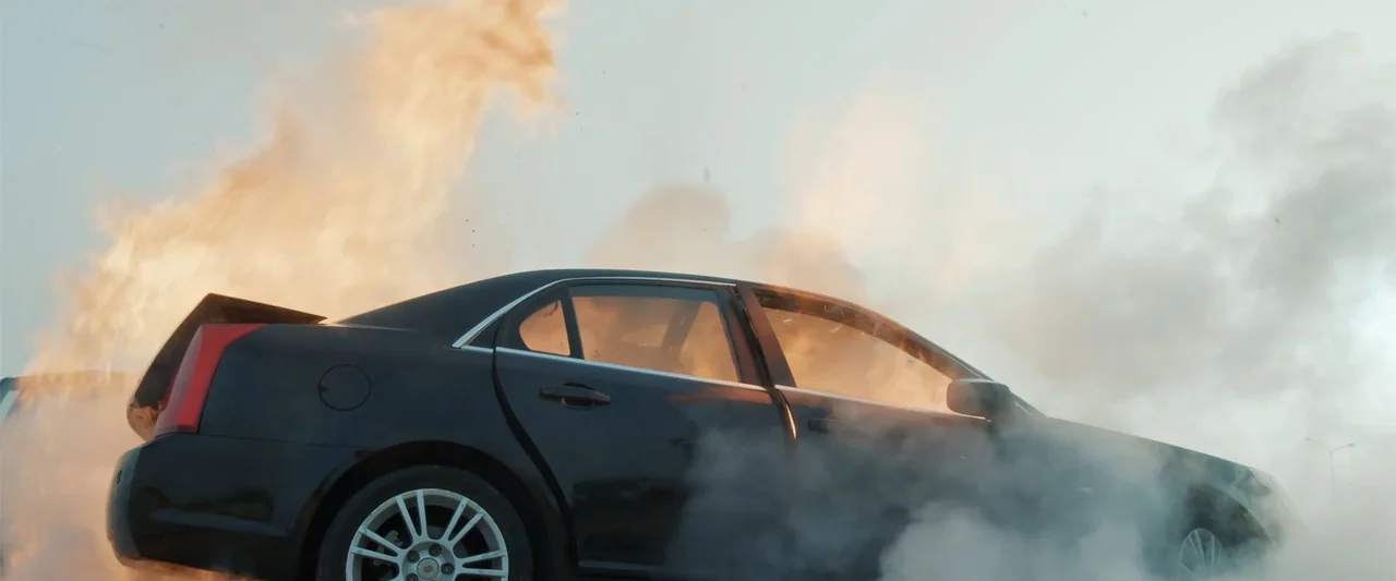 Hounds of War (2024) movie still: medium — A black sedan sits on an open roadway amidst thick clouds of gray smoke. Large orange flames erupt from…