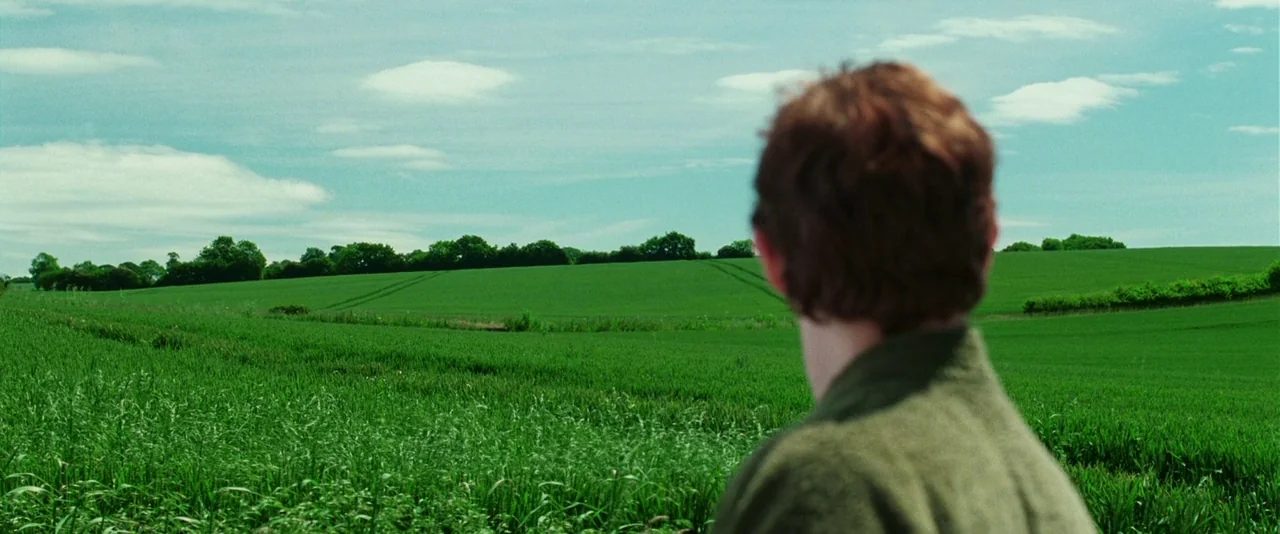 A Hitchhiker’s Guide To The Galaxy (2005) movie still: medium — A vast, rolling green wheat field extends toward a treeline under a blue sky. A man…