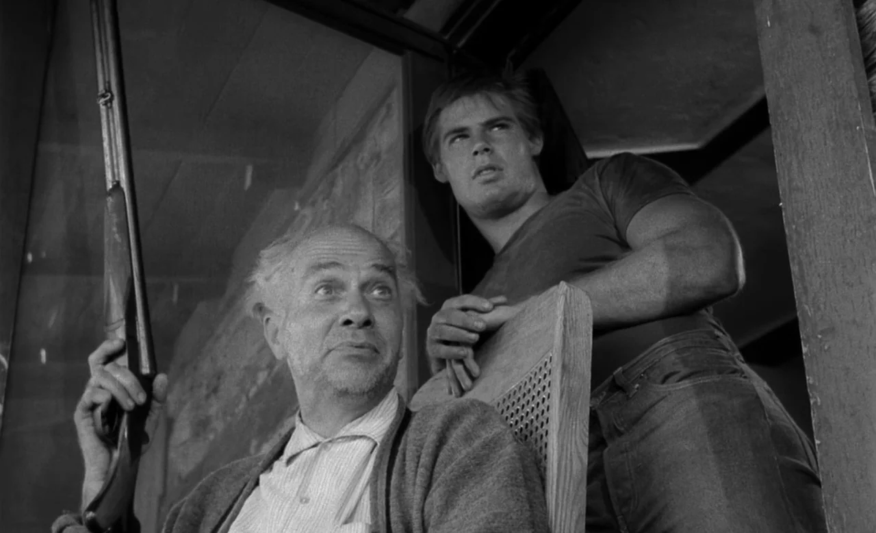 Faster, Pussycat! Kill! Kill! (1965) movie still: medium — An older man and a young man occupy a wooden porch space. The older man grips a rifle…