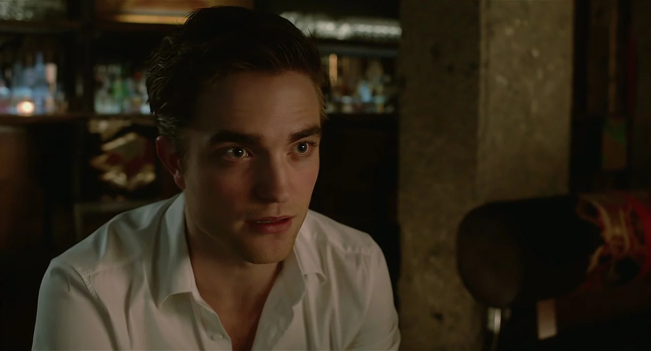 Cosmopolis (2012) movie still: medium — A dimly lit bar environment features a dark, textured pillar and blurred background shelves. A man in a…
