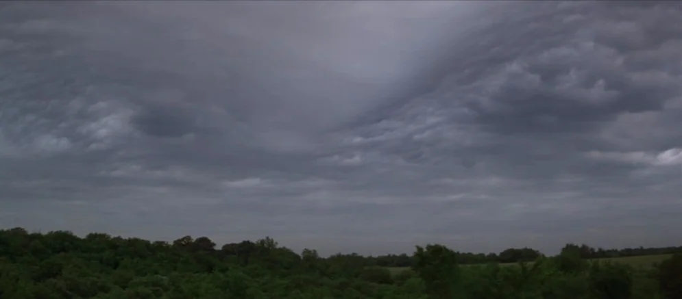 Ride With The Devil movie still: establishing — A wide exterior landscape view shows dense green tree lines beneath a heavy overcast sky. The dark,…
