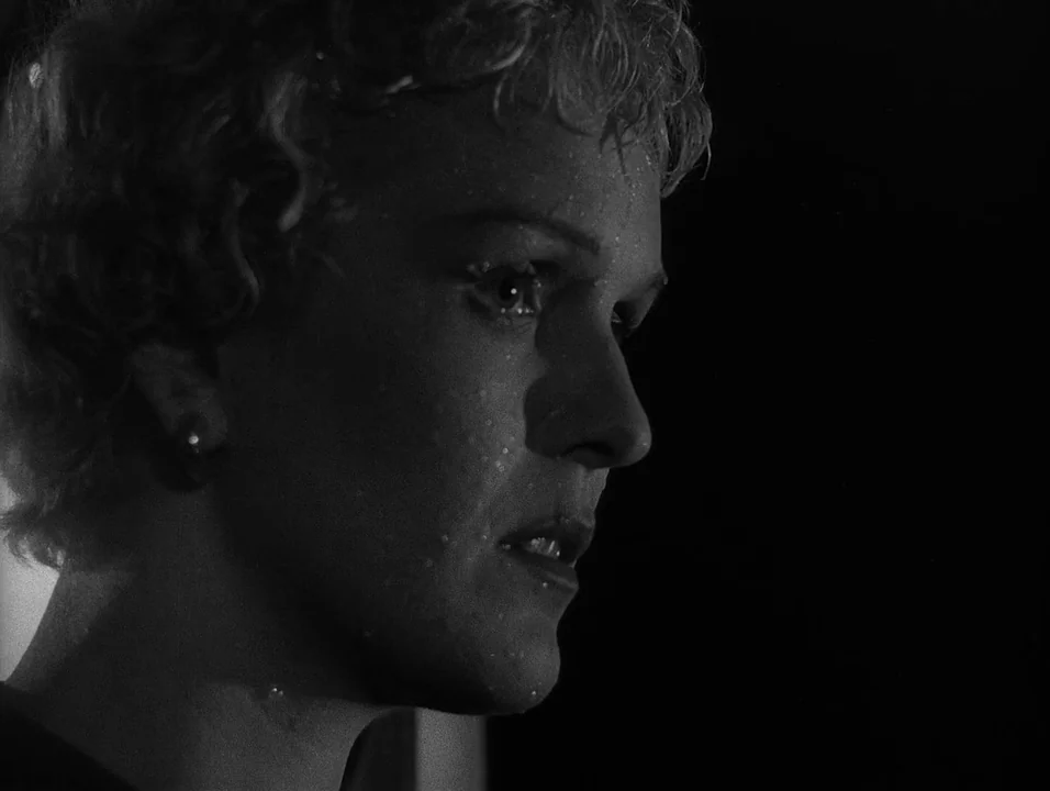 Dreams (1955) movie still: closeup — A dimly lit, dark space with a person partially visible in profile. The subject's face is covered in small…