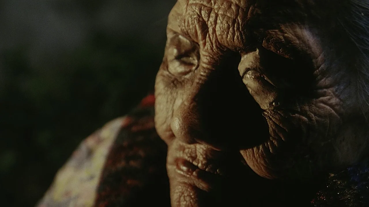 Visible Secret (2001) movie still: closeup — A close-up view of an aged person with deeply wrinkled skin texture. The subject has eyes closed and…