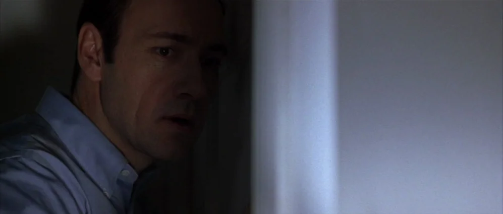 American Beauty (1999) movie still: closeup — A dark, narrow space with one side brightly lit by a vertical light source. A man in a light blue…