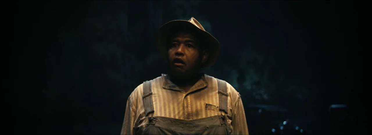 Sinners (2025) movie still: medium — A dark night setting features a man standing outdoors against a blurred, indistinct background. A middle-aged…