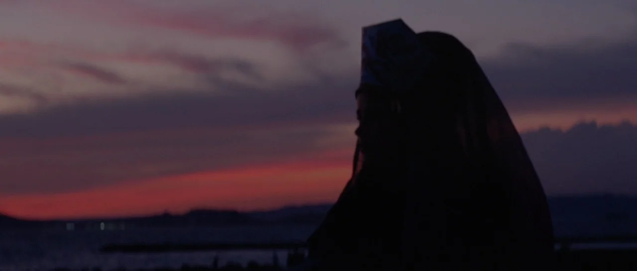 Arabian Nights: Volume 3 The Enchanted One (2015) movie still: medium — A seaside coast at twilight features a dark, vibrant sky and calm water. A…