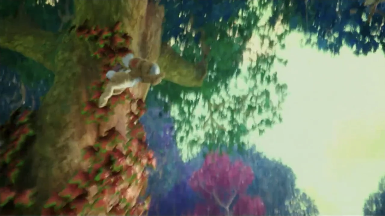 Smurfs: The Lost Village (2017) movie still: wide — A dense woodland environment features a thick tree trunk covered in dark reddish leaves. A…