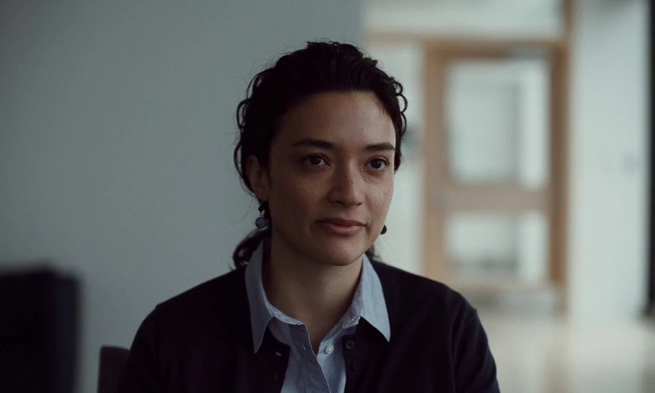 Resurrection (2022) movie still: medium — A woman sits in a brightly lit, modern professional interior space. She faces forward with a calm…