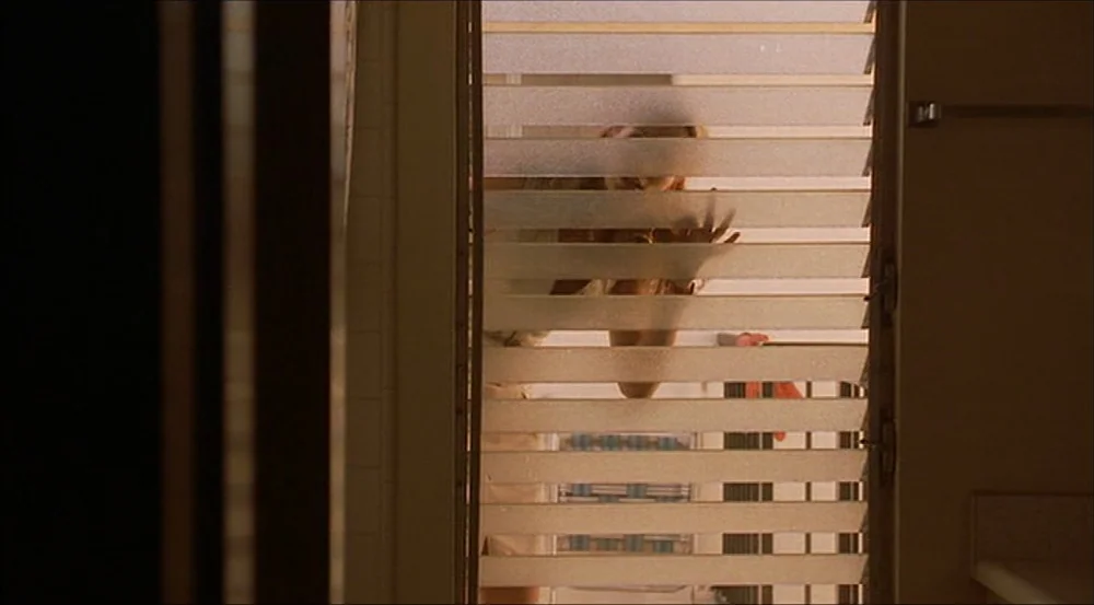 Erin Brockovich (2000) movie still: medium — A person stands behind a set of horizontal frosted glass blinds on a door. They have both hands placed…