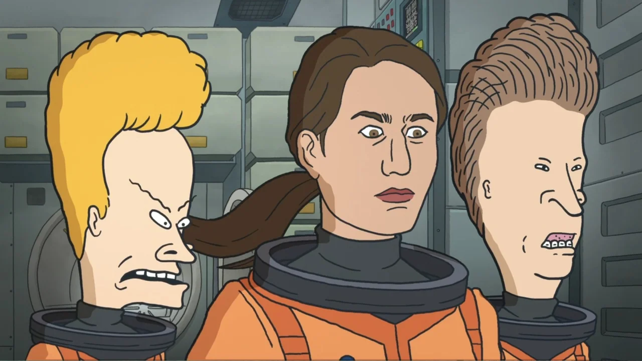 Beavis and Butt-Head Do the Universe (2022) movie still: medium — The interior of a spacecraft features metallic walls with stacked storage…