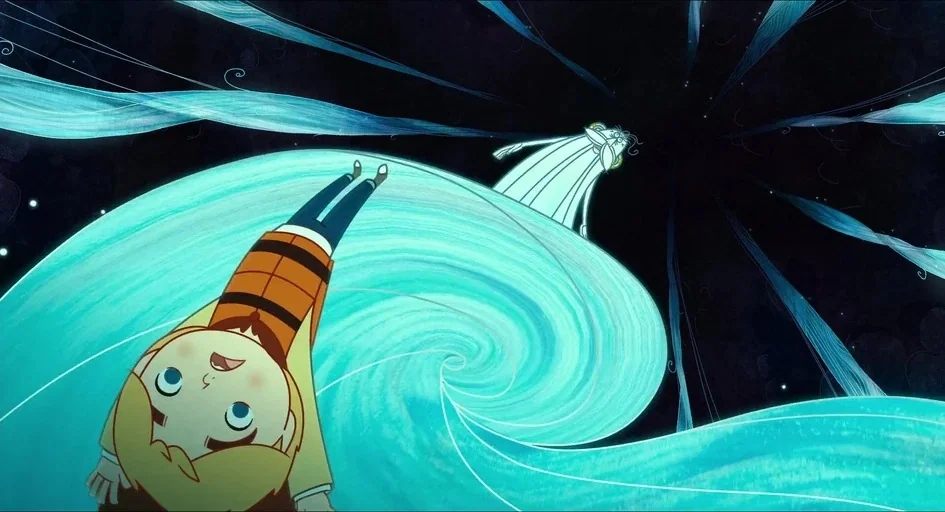 Song of the Sea (2014) movie still: wide — A dark, abstract void filled with glowing turquoise streams and swirling energy currents. A small child…