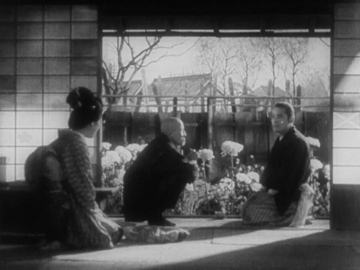 Sanshiro Sugata Part II (1945) movie still: medium — A traditional Japanese room with sliding paper screens faces an open garden area. Three people…