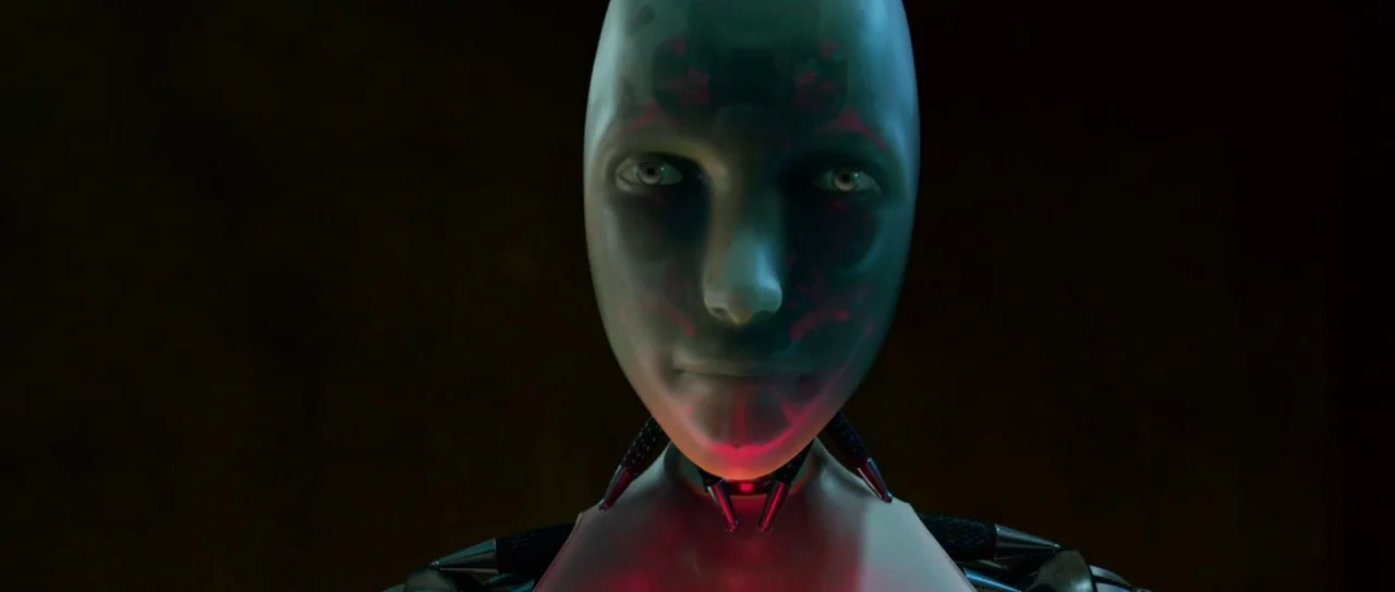 I, Robot (2004) movie still: closeup — A dark space serves as the setting for a close portrait of an android. The humanoid robot looks directly at…