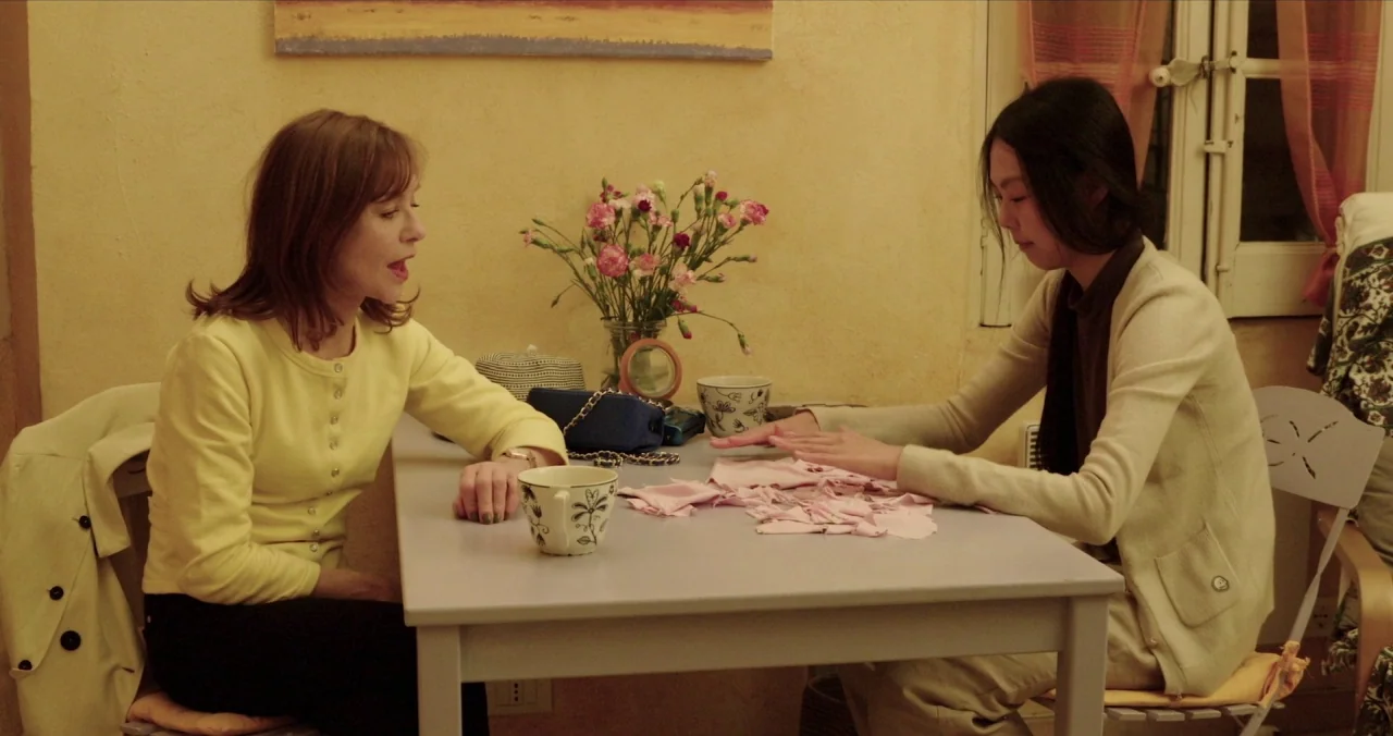 Claire’s Camera (2017) movie still: medium — A small table sits in a room with warm yellow walls and a flower bouquet. Two women face each other…
