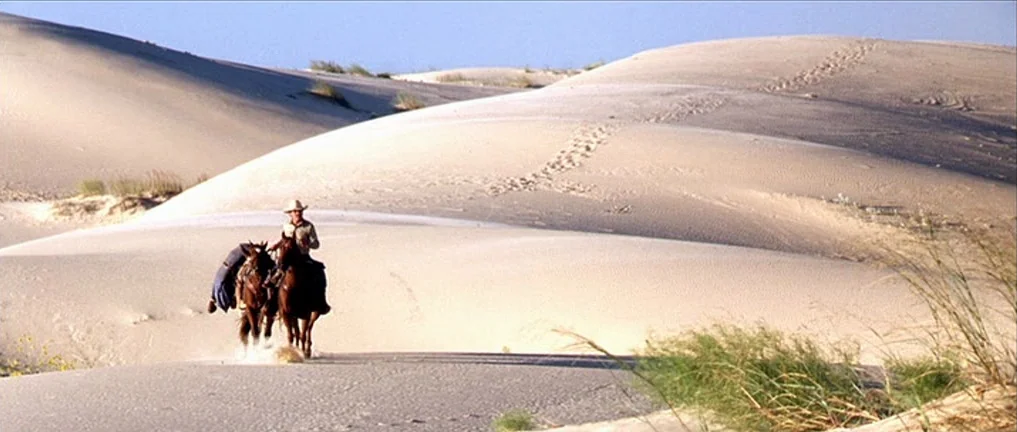 The Three Burials of Melquiades Estrada (2005) movie still: wide — A vast expanse of rolling white sand dunes stretches under a clear sky. A man in…