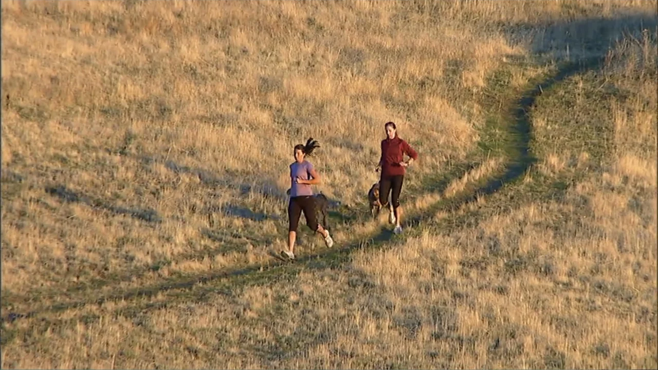 Idaho: The Movie (2012) movie still: wide — A dry golden hillside features a narrow dirt path winding through brown grass. Two women run together…