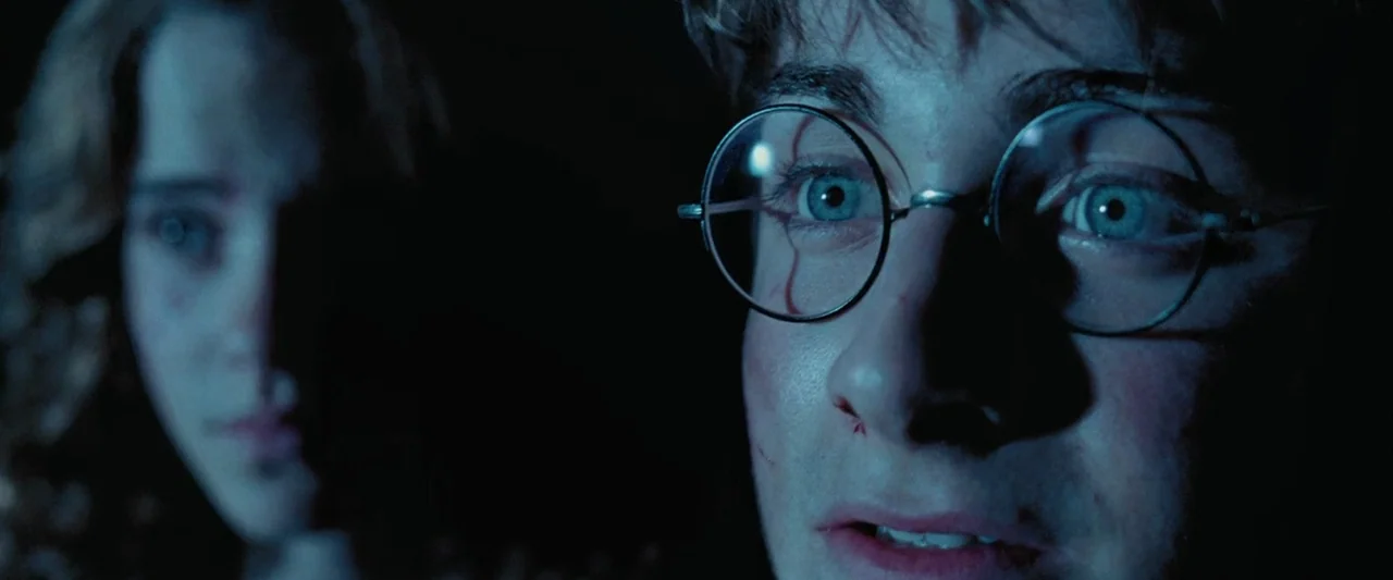 Harry Potter and the Prisoner of Azkaban (2004) movie still: closeup — A dark, underexposed environment envelops two teenagers looking toward a…